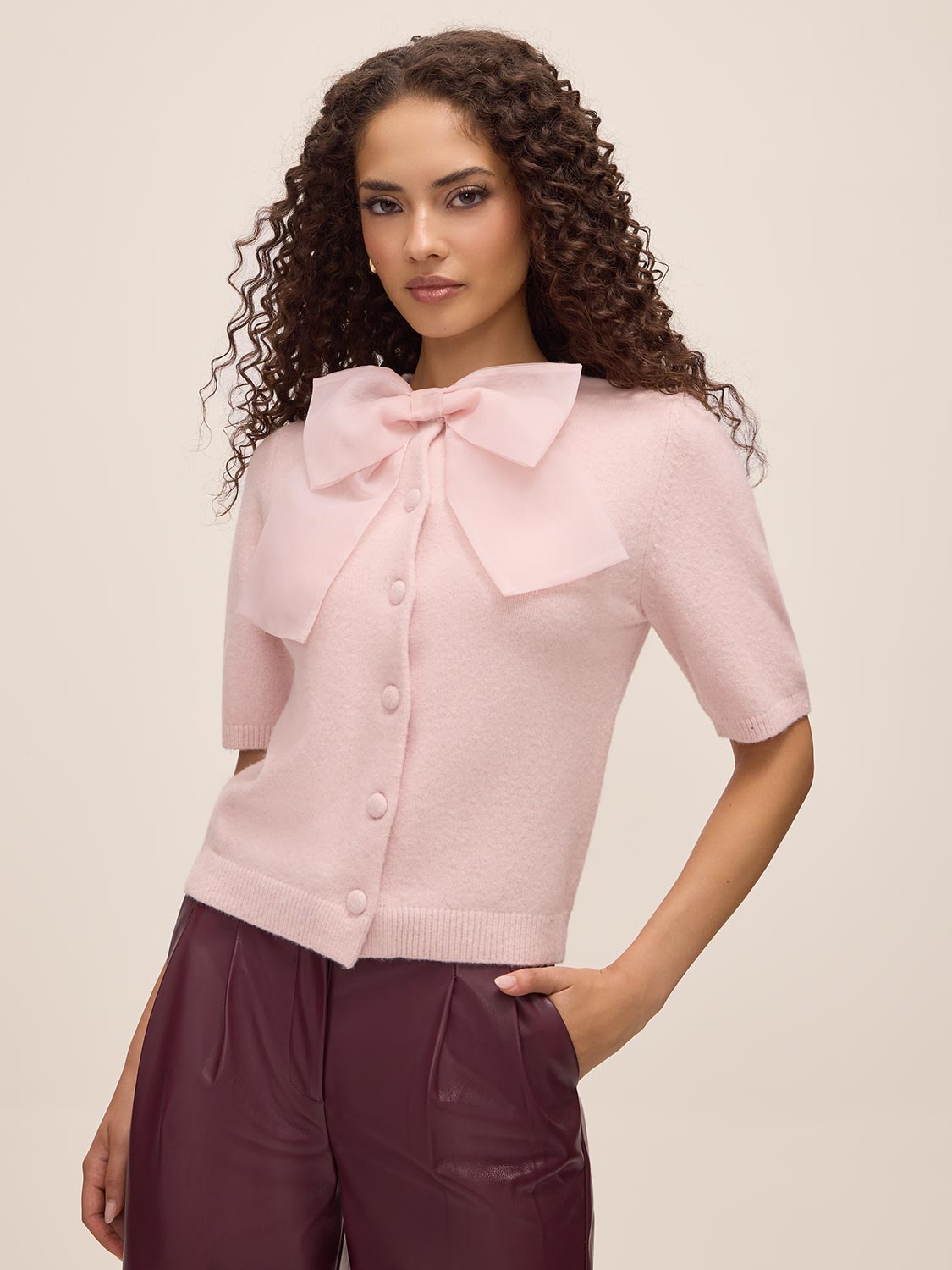 Pink Dust Short Sleeve Cardigan with Organza Bow - Woman Wearing Knit Sweater - Le Chateau