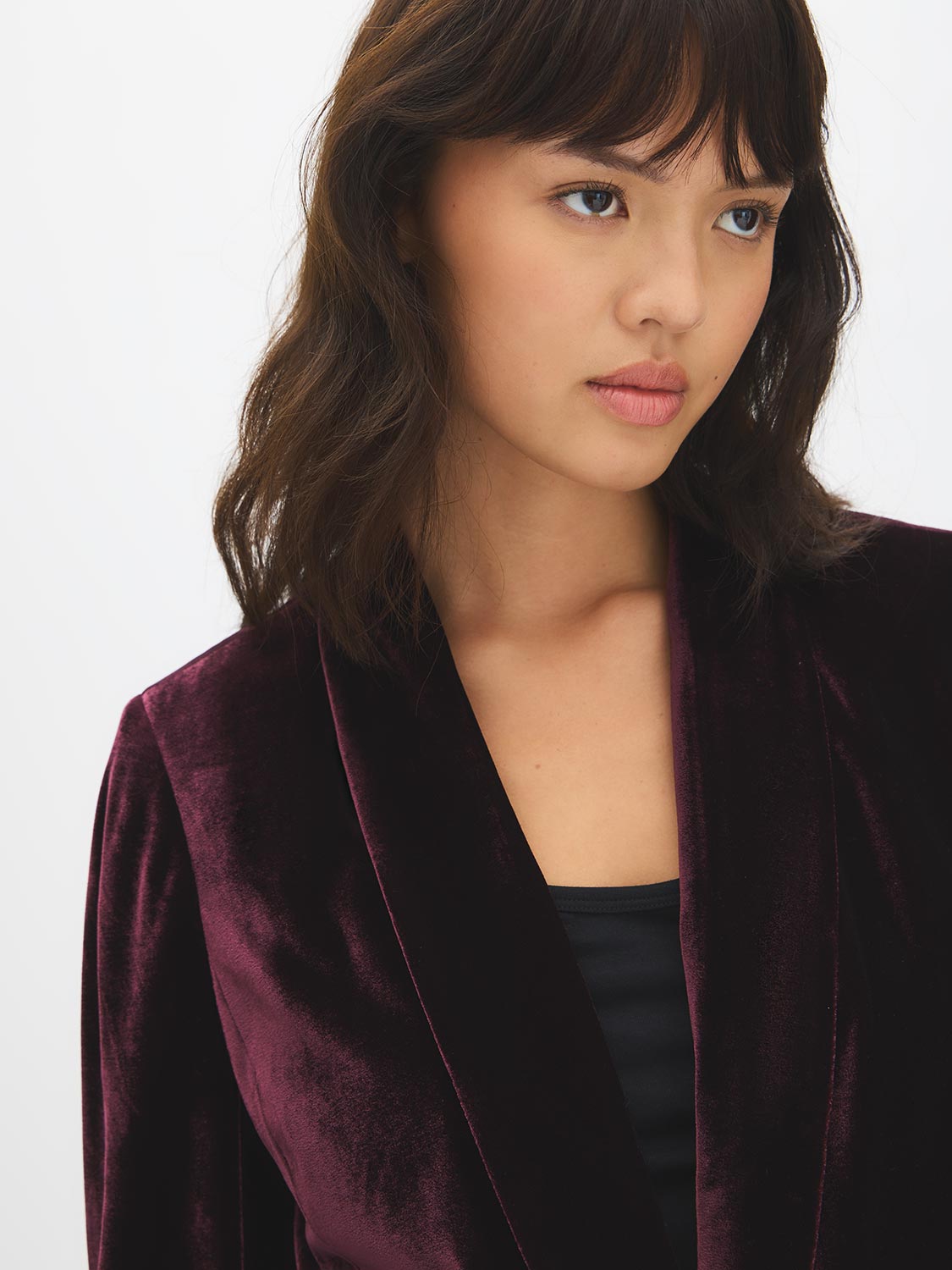 Midnight Plum Velour Blazer with Shawl Collar - Collar Detail - Suzy Shier