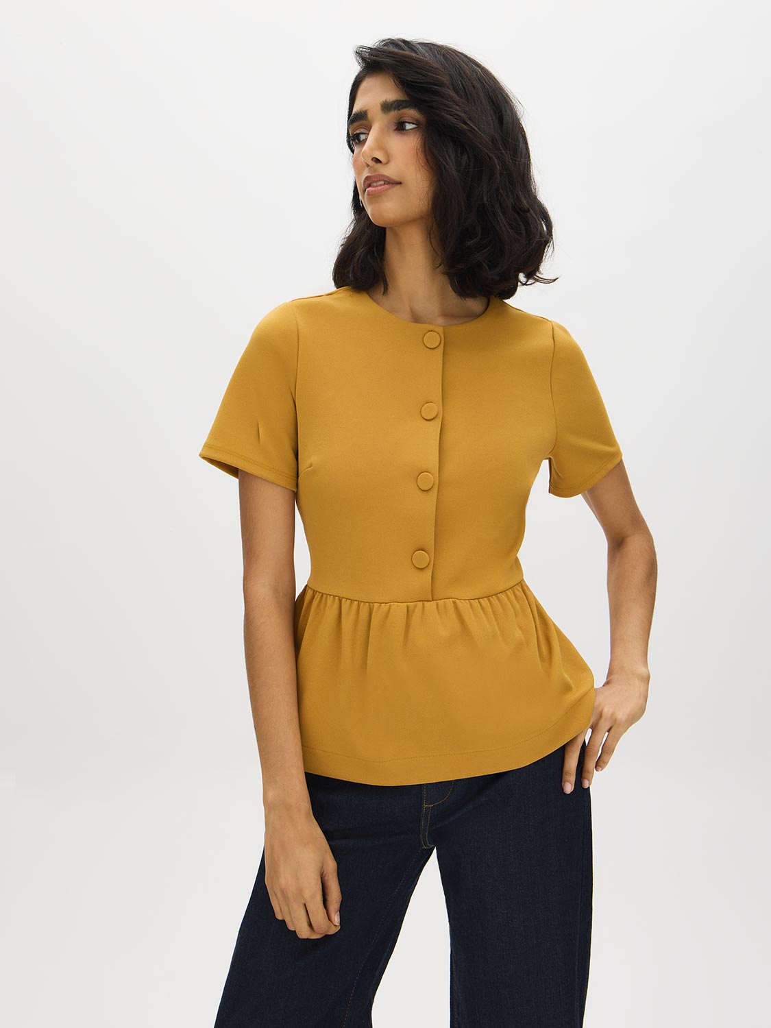 Wood Thrush Peplum Button-Front Knit Top - Woman Wearing Crew Neck Peplum Blouse - Suzy Shier