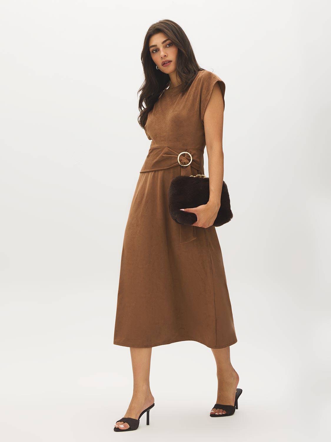 Bison Faux Suede Midi Dress with Hardware Detail - Side Profile View - Suzy Shier