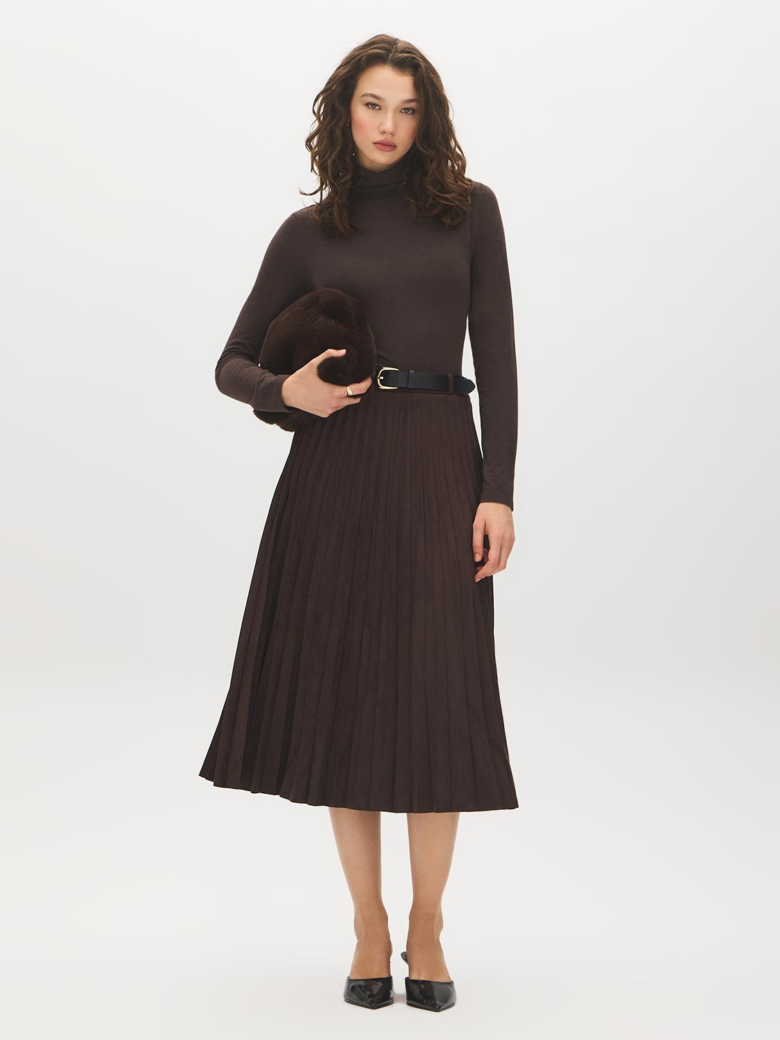 Coffee Bean Faux Suede Pleated Midi Skirt with Belt - Full View - Suzy Shier