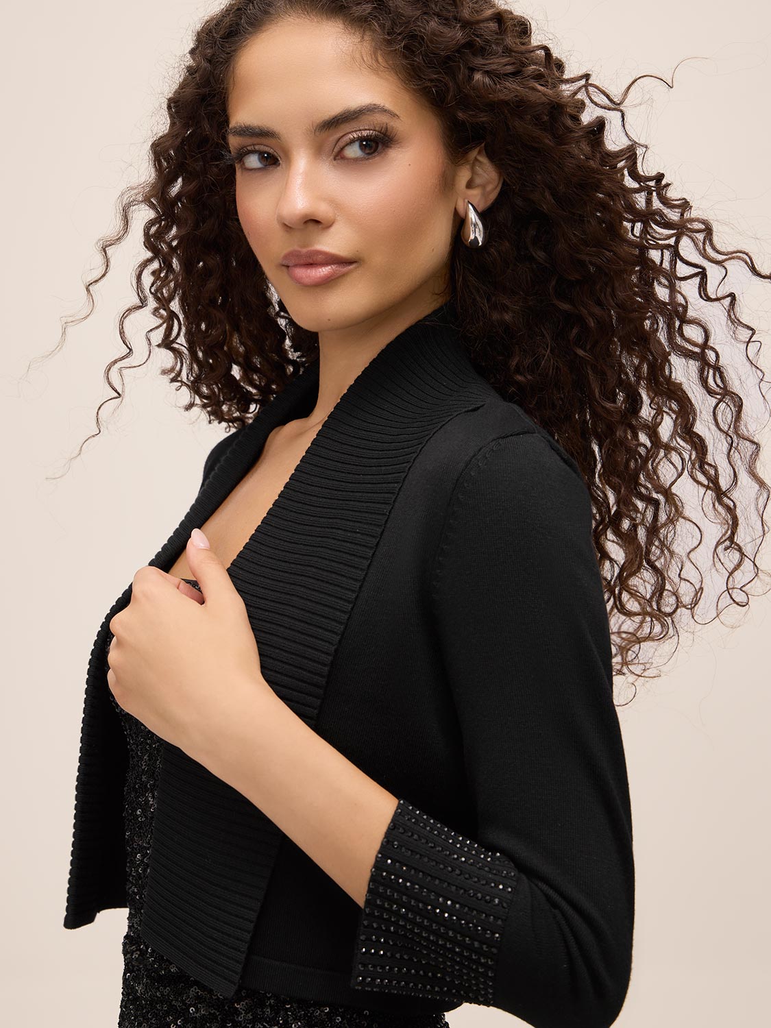 Black Knit Bolero with Embellished Cuffs - Close-up Embellished Cuffs - Le Chateau