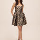 Antique Gold/Black Jacquard Animal Fit & Flare Mini Dress - Woman Wearing Square Neck Party Dress - Le Chateau