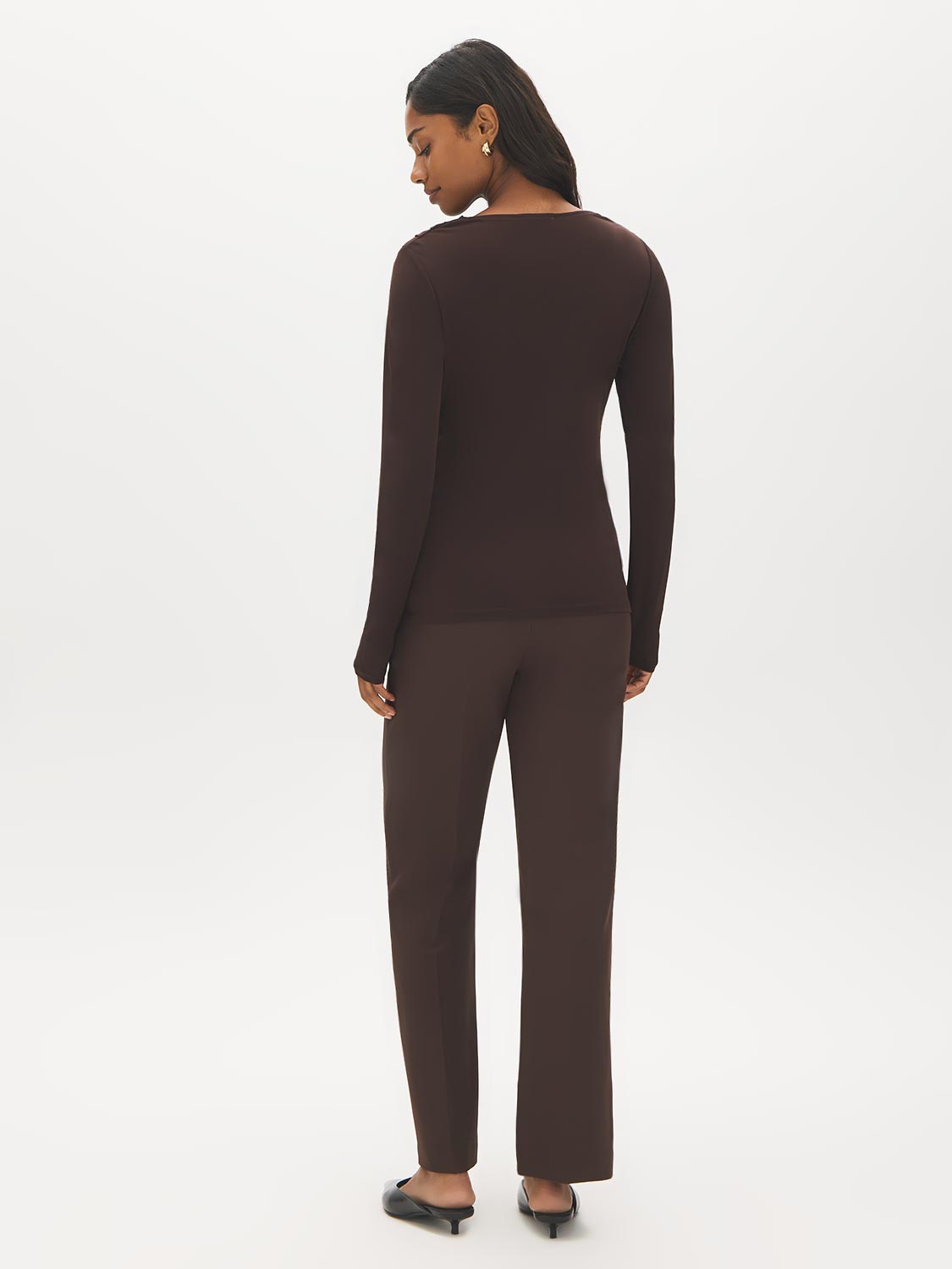 Coffee Bean Cowl Neck Mesh Top - Back View - Suzy Shier