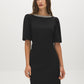 Black Sequined Boat Neck Mini Dress with Puff Sleeves - Front View - Suzy Shier