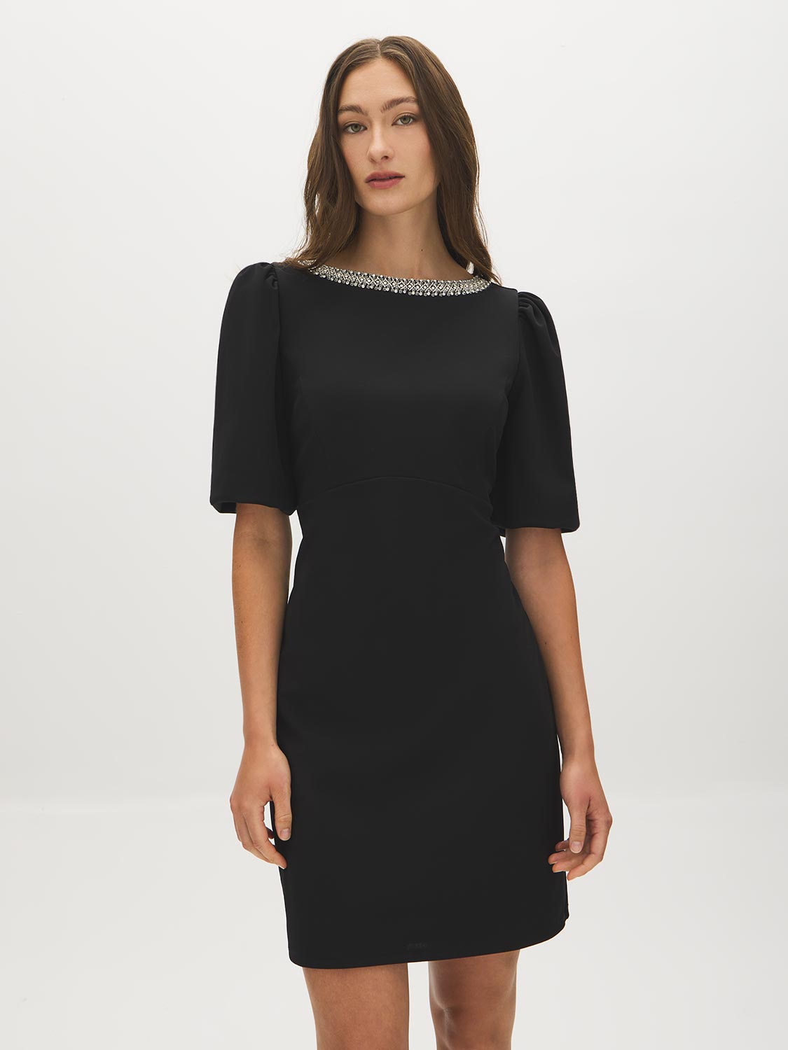 Black Sequined Boat Neck Mini Dress with Puff Sleeves - Front View - Suzy Shier