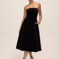 Black Velour Strapless Fit & Flare Dress - Woman Wearing Elegant Evening Dress with Pockets - Le Chateau