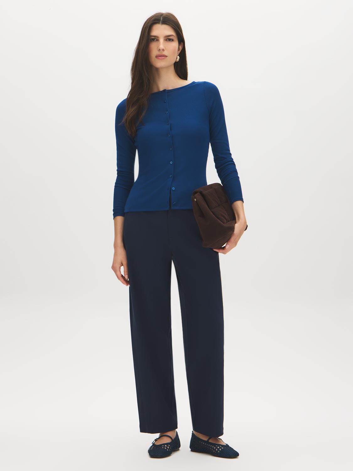 Estate Blue Ribbed Boat Neck Top with Button Front - Front View - Suzy Shier