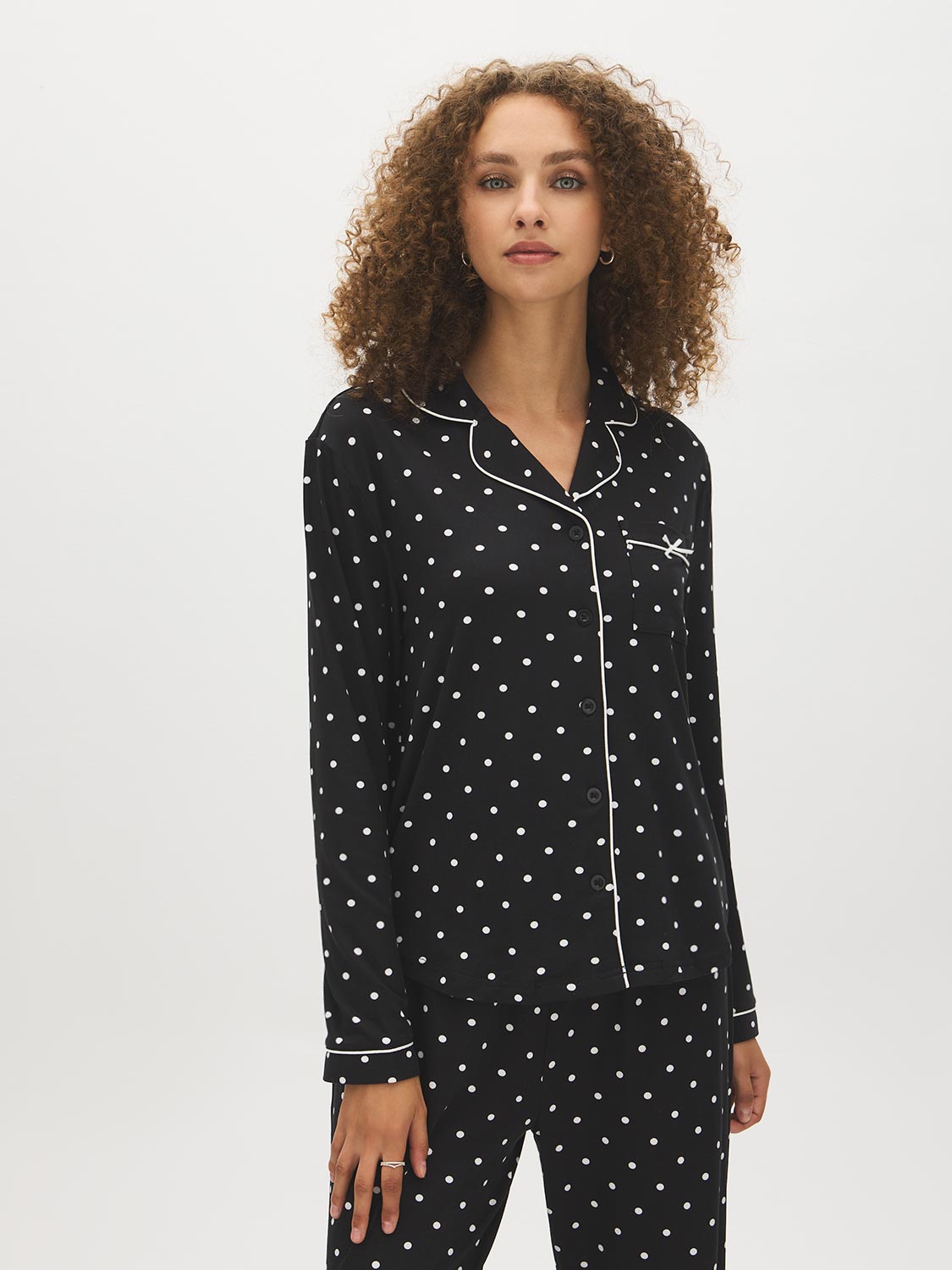 Jet Black/Snow White Polka Dot Two-Piece PJ Set - Front View - Suzy Shier