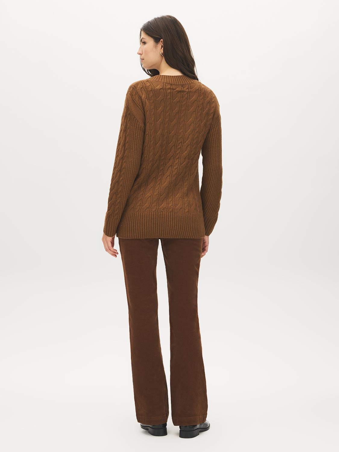 Bison Cable Knit V-Neck Sweater - Back View - Suzy Shier