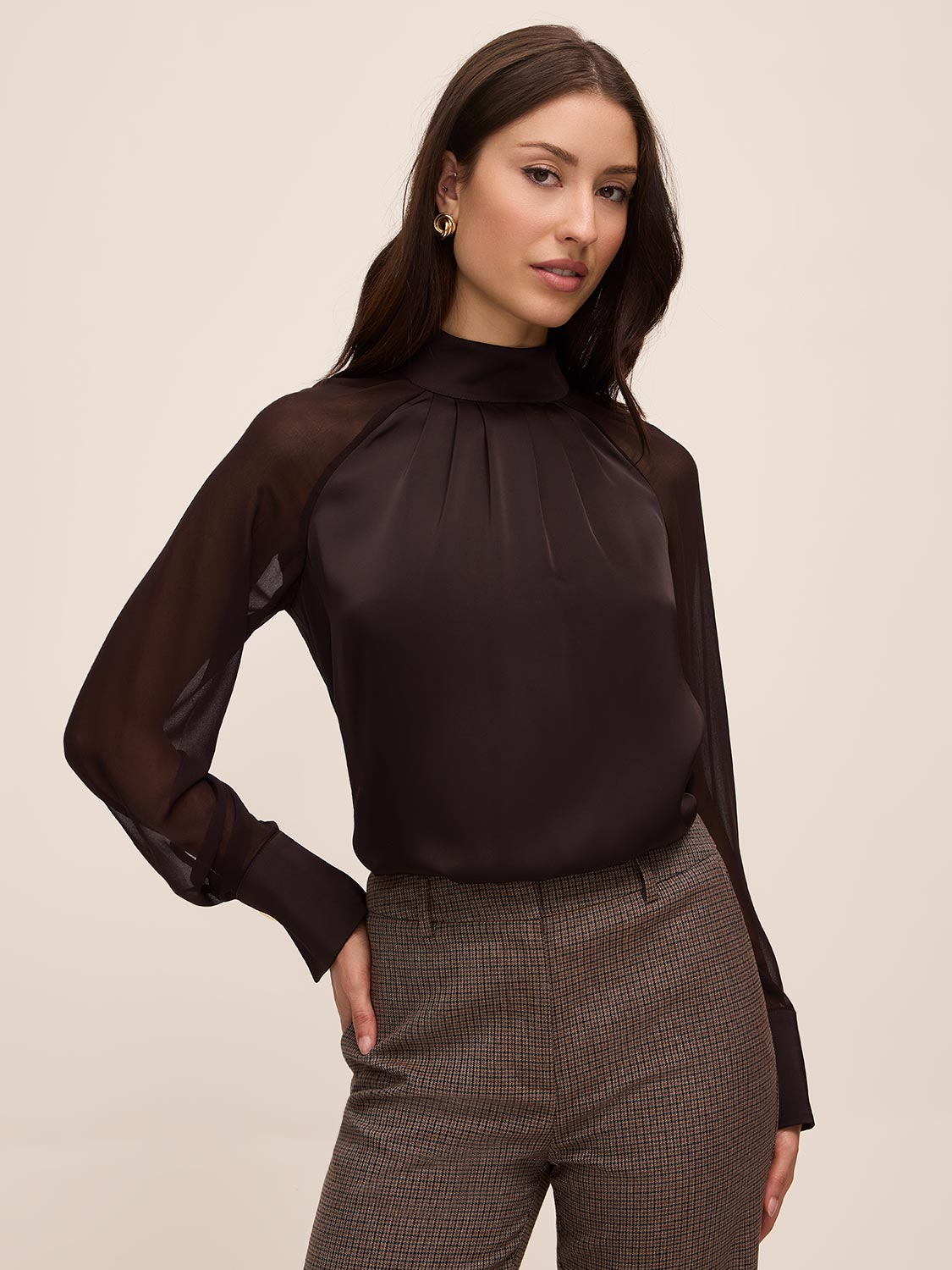 Chestnut Mixed Media Woven Top - Woman Wearing Textured Casual Blouse - Le Chateau