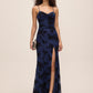 Midnight Blue Mesh Cowl Neck Gown with Floral Velvet Flocking - Front View - Le Chateau