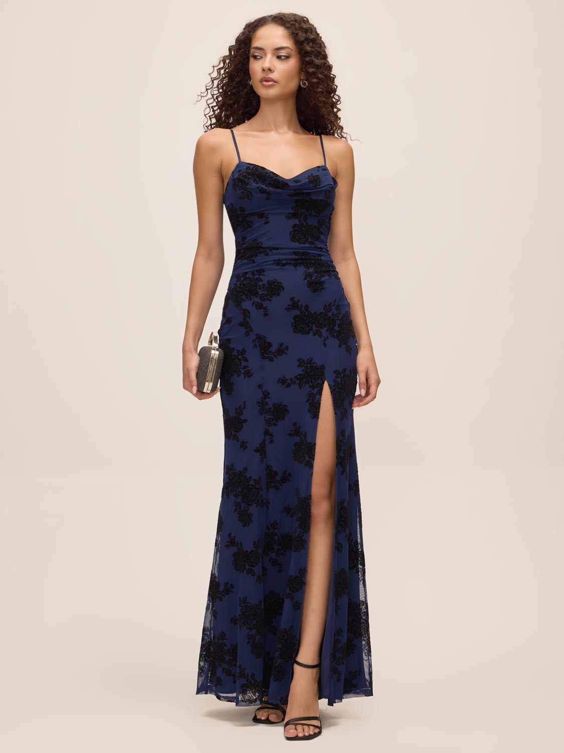 Midnight Blue Mesh Cowl Neck Gown with Floral Velvet Flocking - Front View - Le Chateau