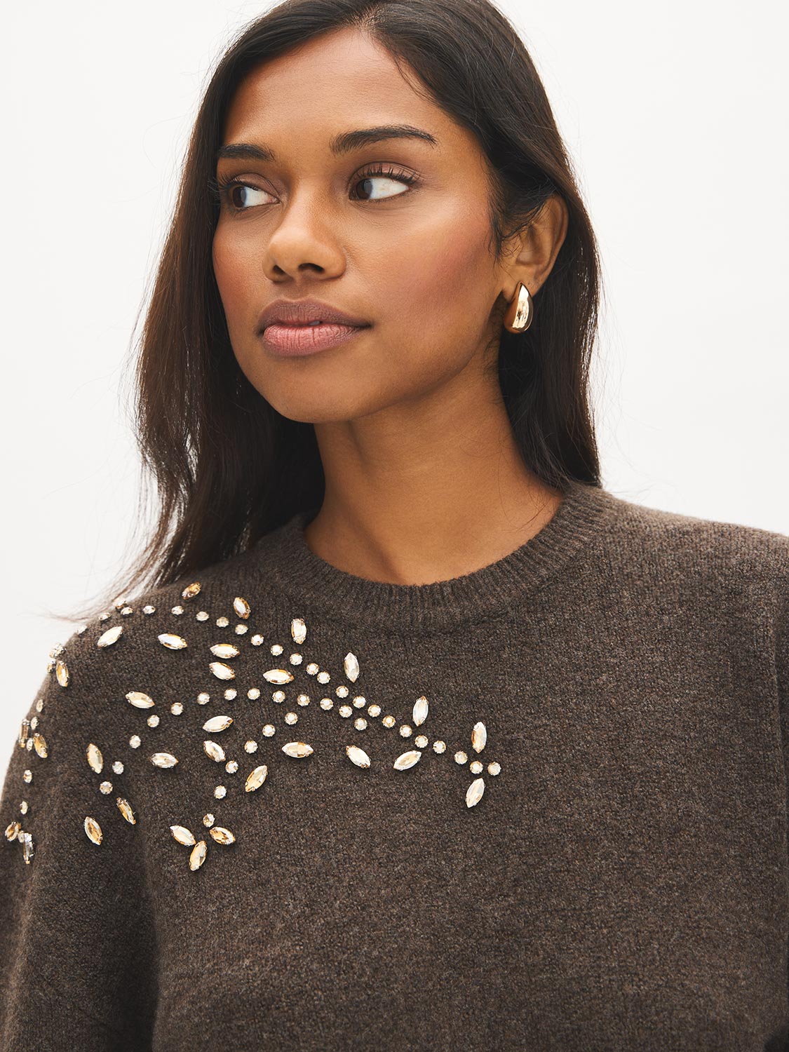 Brown Embellished Knit Sweater - Close-up Embellishment Detail - Suzy Shier