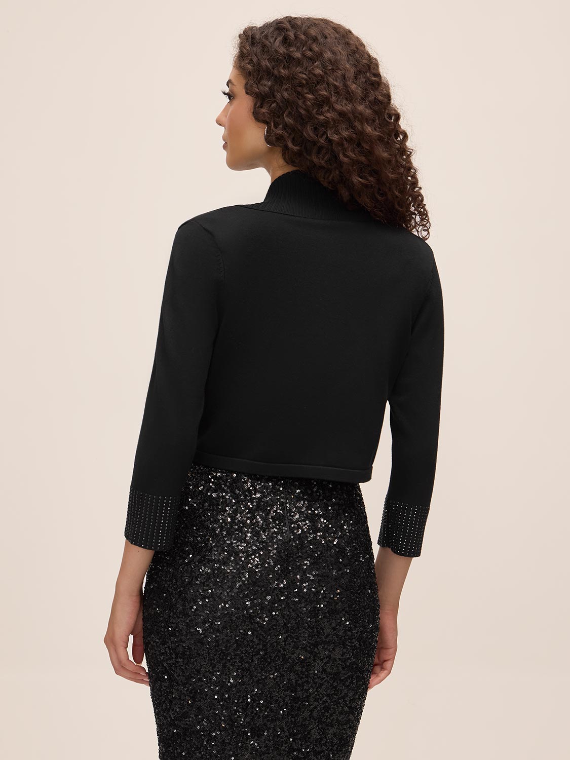 Black Knit Bolero with Embellished Cuffs - Back View - Le Chateau
