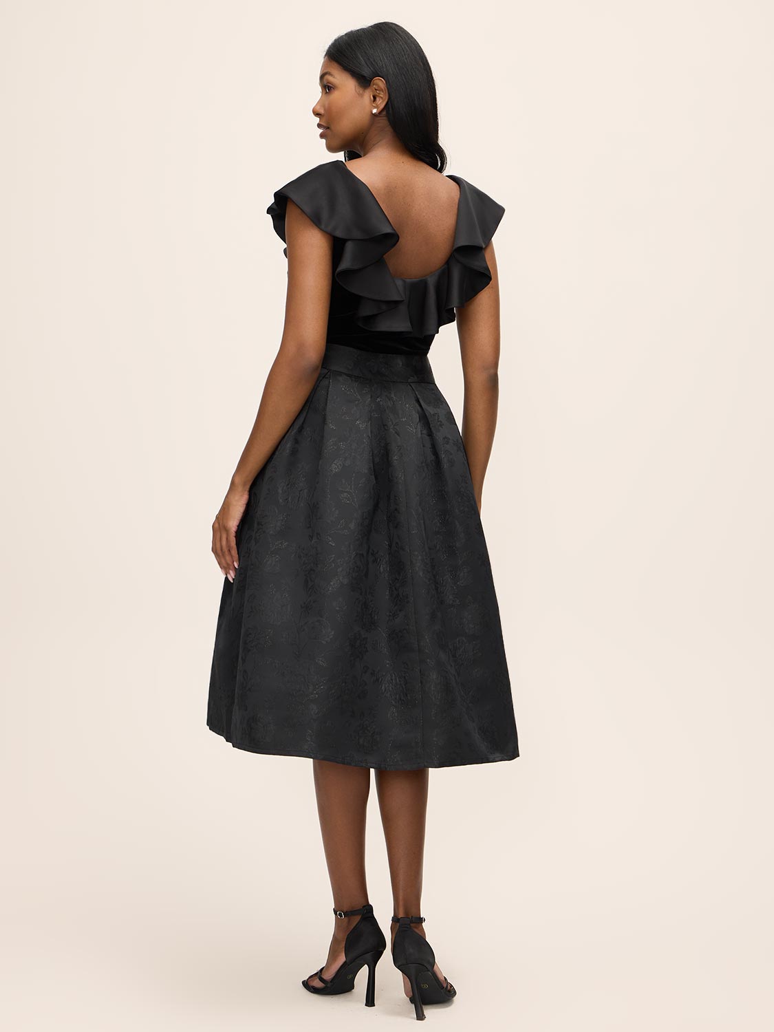 Black Floral Jacquard Midi Skirt with Box Pleats - Back View - Le Chateau