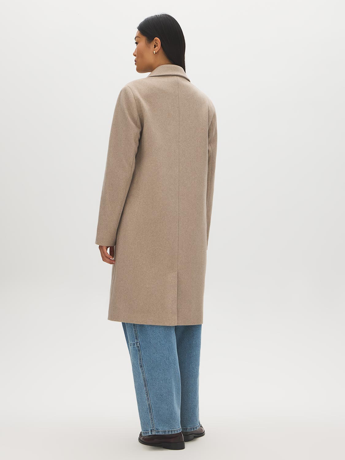 Latte Double-Breasted Faux Wool Coat - Back View - Suzy Shier