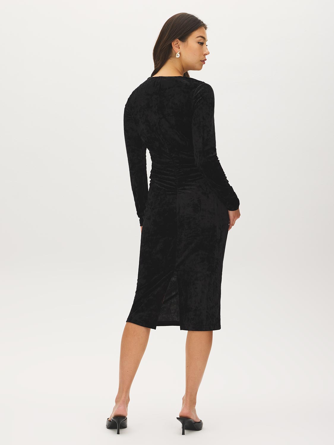 Black Crushed Velvet Dress with Front Gathering - Back View - Suzy Shier