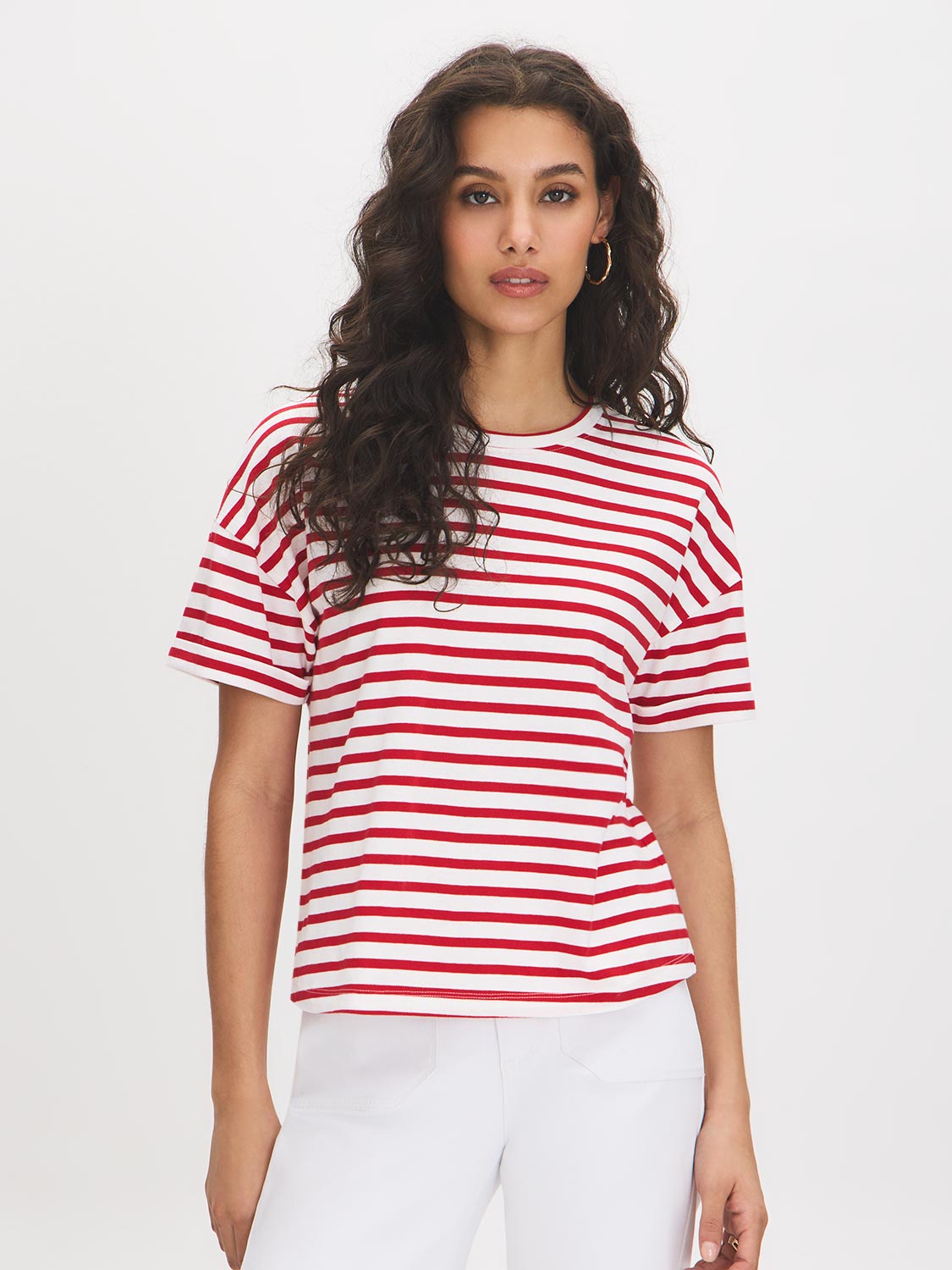 Jester Red Stripe Cotton Crew Neck Tee - Woman Wearing Loose-Fit Striped Top - Suzy Shier