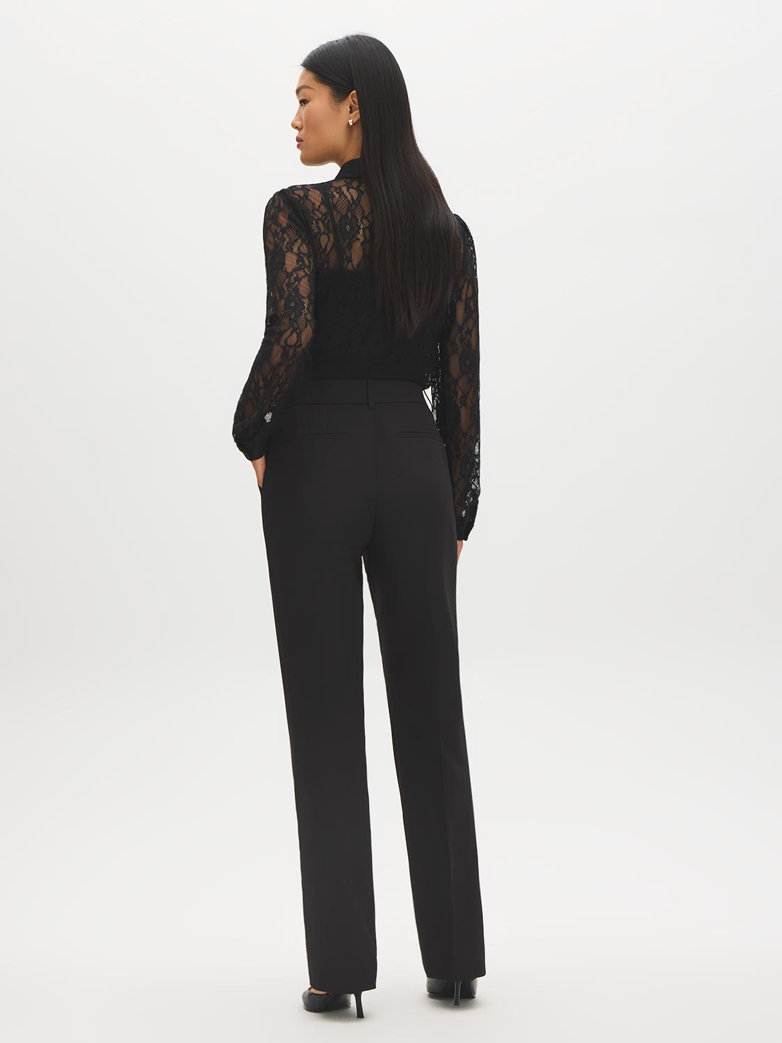 Black Front Zip Trousers with Elastic Back - Back View - Suzy Shier