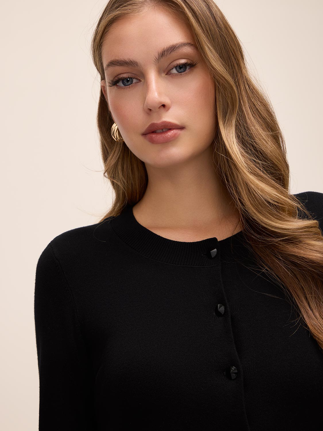 Black Feather Cuff Cardigan - Close-up Button Detail - Le Chateau
