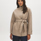 Taupe Melange Faux Wool Short Wrap Coat with Funnel Neck - Full Front View - Suzy Shier