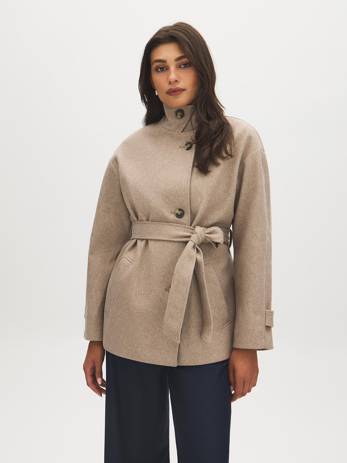 Taupe Melange Faux Wool Short Wrap Coat with Funnel Neck - Full Front View - Suzy Shier