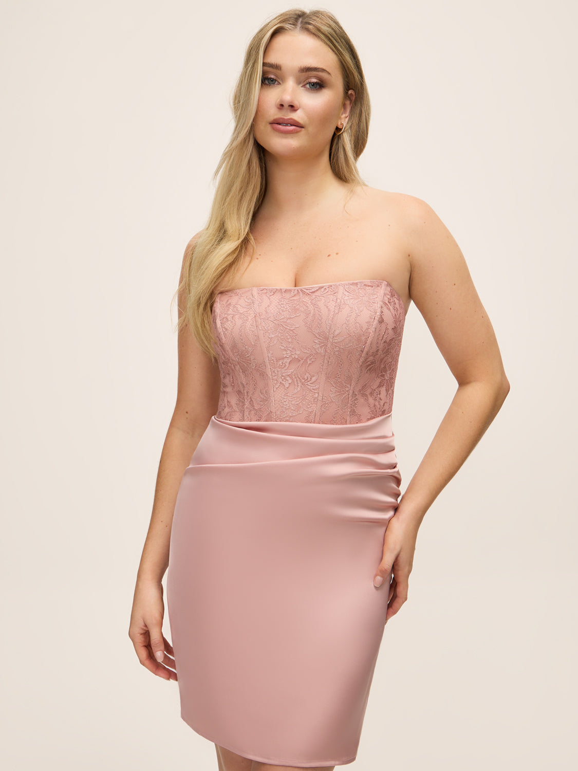 Pink Dust Strapless Glitter Lace Bustier Dress - Front View - Le Chateau