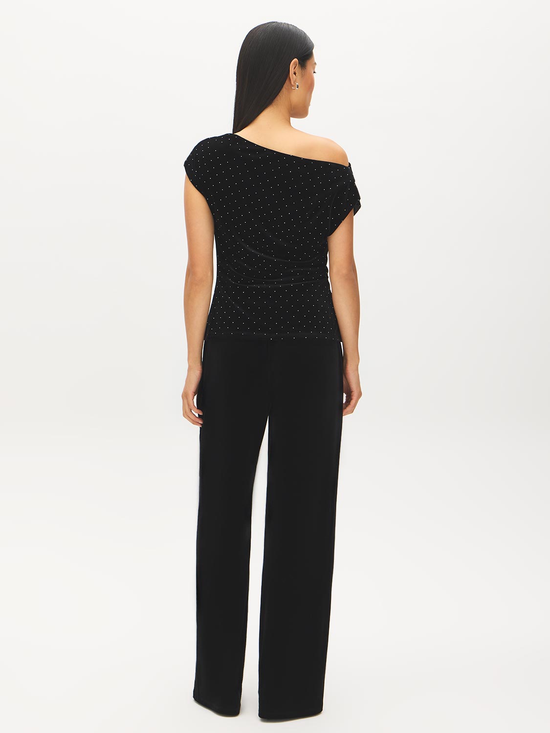 Jet Black Asymmetrical Velvet Top with Rhinestones - Back View - Suzy Shier