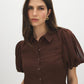 Milk Chocolate Textured Peplum Blouse with Puff Sleeves - Close-up Front Detail - Suzy Shier