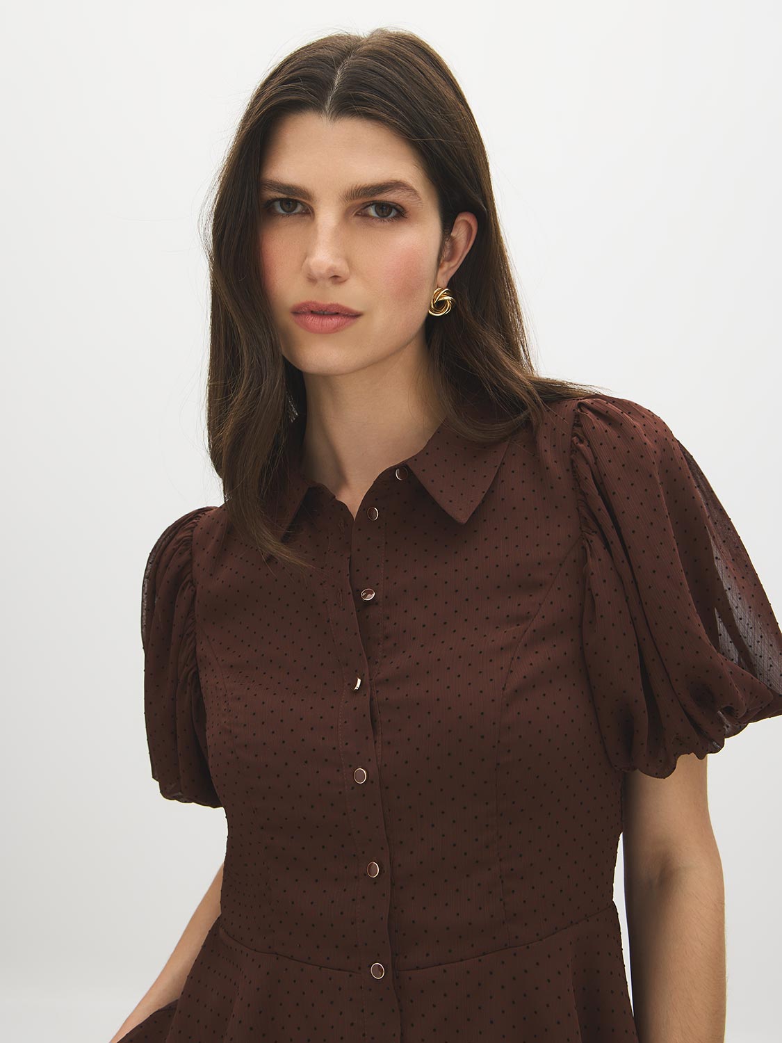 Milk Chocolate Textured Peplum Blouse with Puff Sleeves - Close-up Front Detail - Suzy Shier
