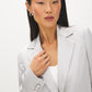 Silver One-Button Satin Blazer with Flap Pockets - Close-up Collar Detail - Suzy Shier