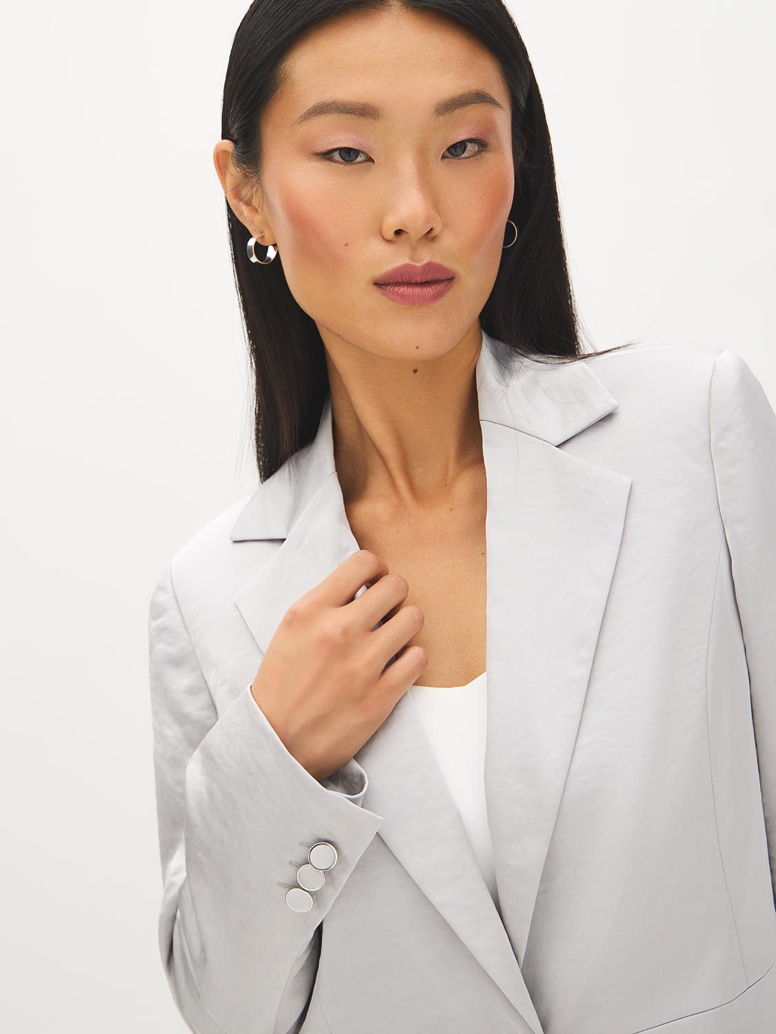 Silver One-Button Satin Blazer with Flap Pockets - Close-up Collar Detail - Suzy Shier