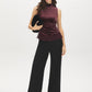 Dark Raisin Velvet Funnel Neck Top with Crochet Hem - Front View - Suzy Shier