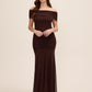 Coco Powder Off-Shoulder Mesh Gown with Shirred Waist - Woman Wearing Elegant Evening Dress - Le Chateau