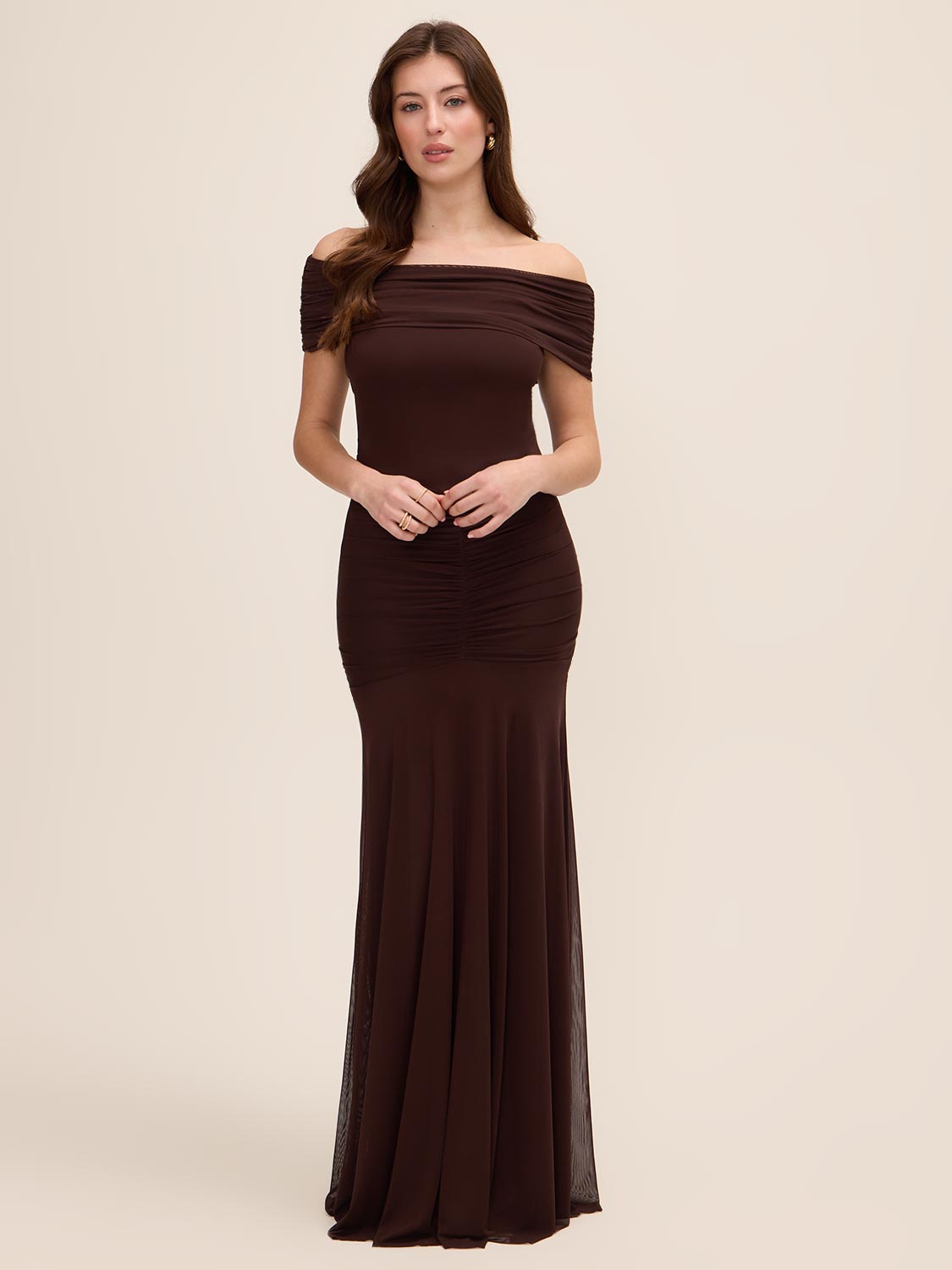 Coco Powder Off-Shoulder Mesh Gown with Shirred Waist - Woman Wearing Elegant Evening Dress - Le Chateau