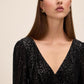 Black Sequin V-Neck Fit and Flare Mini Dress - Close-up V-Neck Detail - Le Chateau