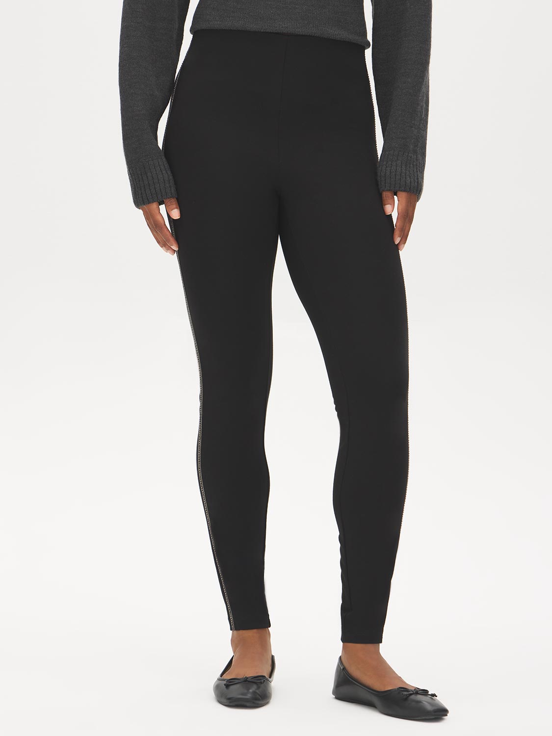 Black Skinny Pull-On Pant with Pewter Side Trim - Front View - Suzy Shier