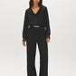 Black Satin Cowl Neck Blouse with Sequined Cuffs - Front View - Suzy Shier