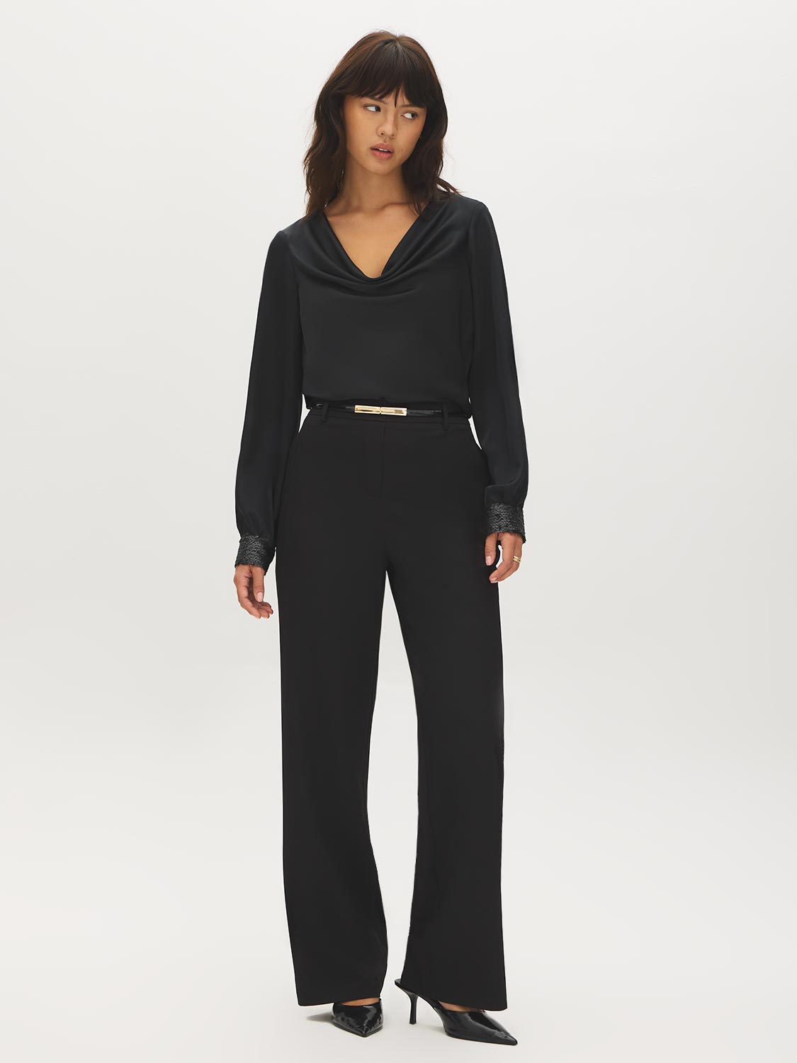 Black Satin Cowl Neck Blouse with Sequined Cuffs - Front View - Suzy Shier