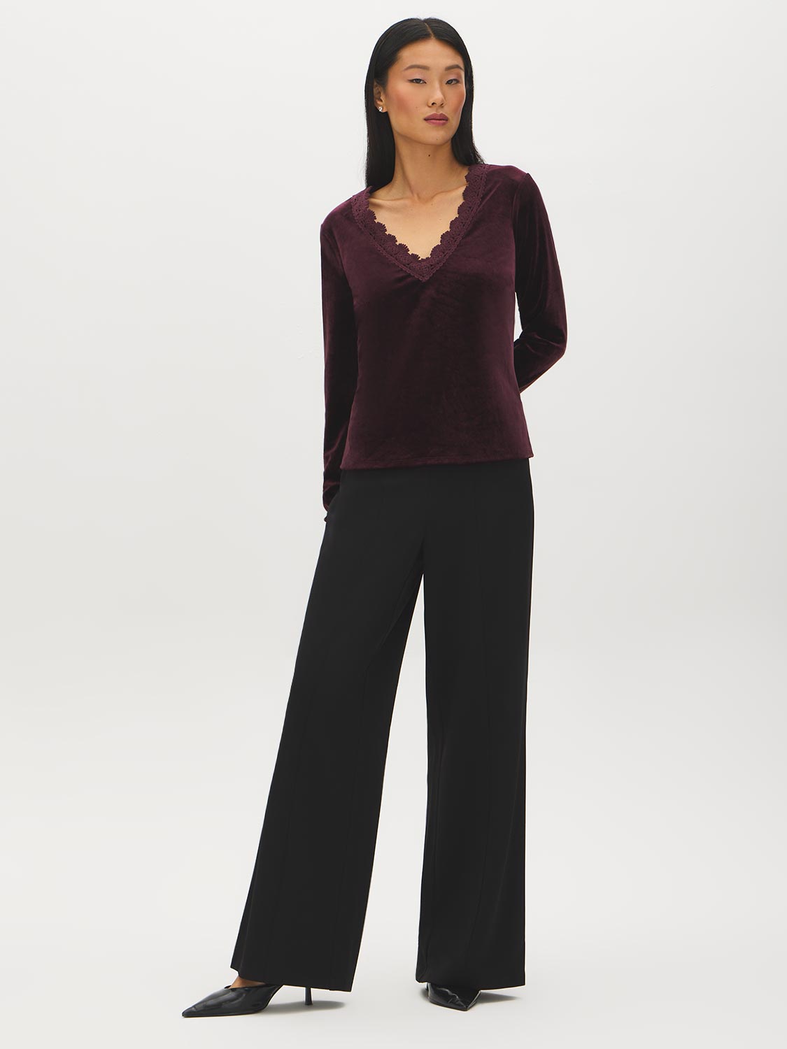 Black Velvet Top with Crochet V-Neck - Front View - Suzy Shier