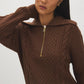 Orzo Brown Quarter-Zip Cable Knit Sweater - Close-up Fabric Detail - Suzy Shier