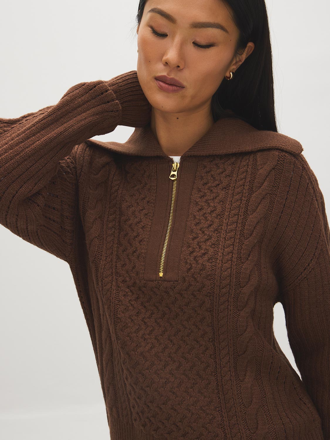 Orzo Brown Quarter-Zip Cable Knit Sweater - Close-up Fabric Detail - Suzy Shier