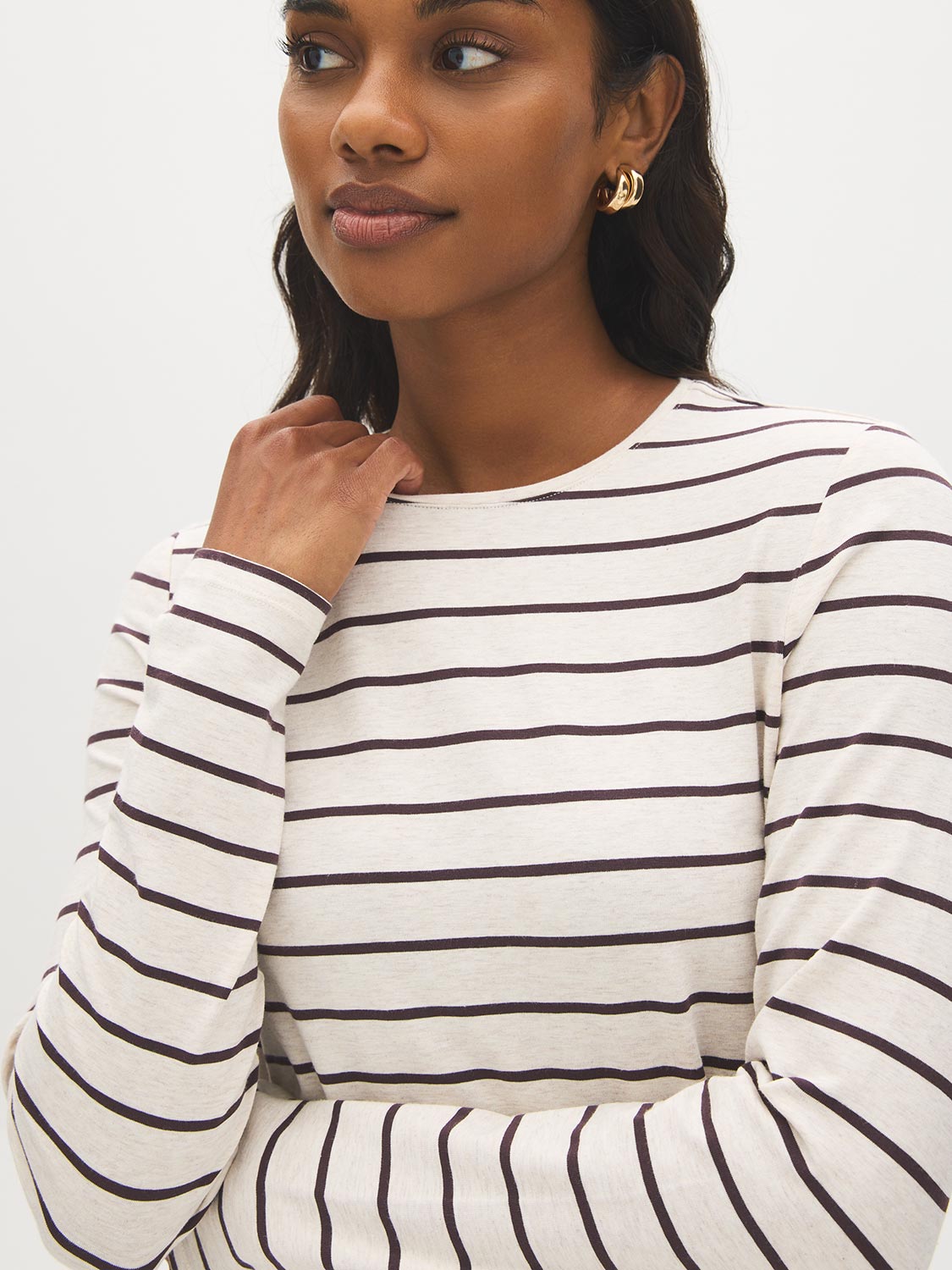 Beige Melange/Burgundy Striped Crew Neck Long Sleeve Top - Close-up Fabric Detail - Suzy Shier