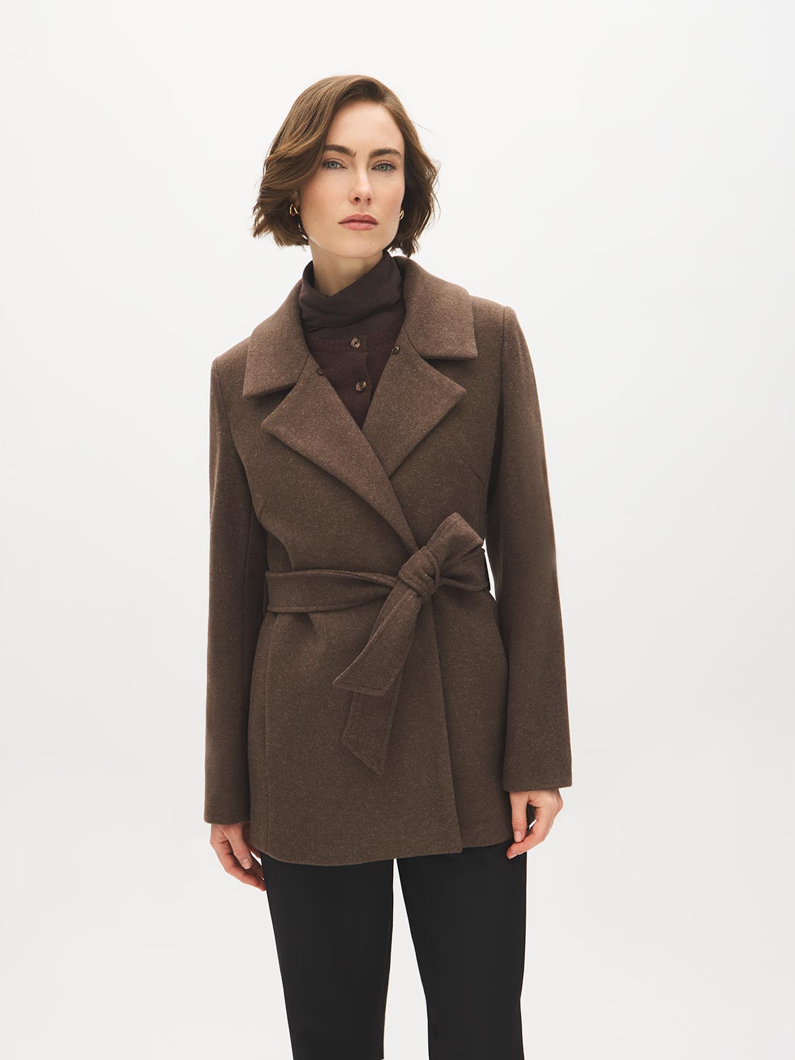 Dark Brown Melange Short Belted Faux Wool Coat - Front View - Suzy Shier