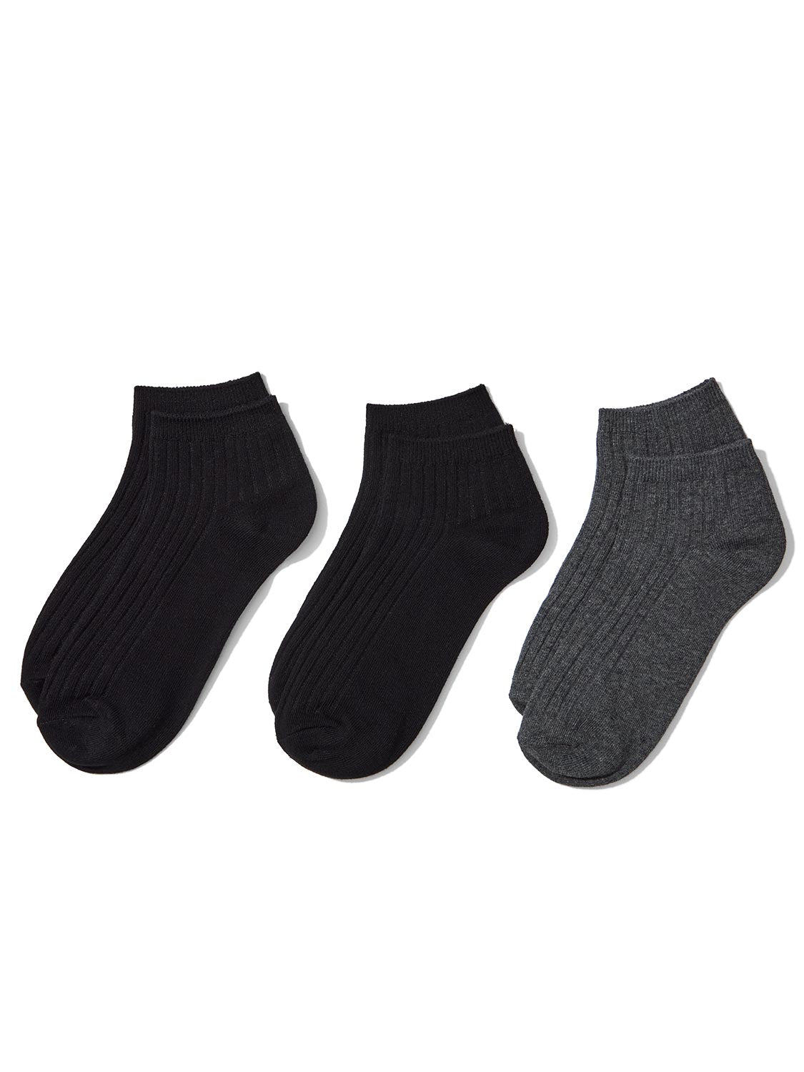 Multi 3-Pack Ribbed Ankle Socks - Set of Two Black and One Charcoal Pair - Suzy Shier