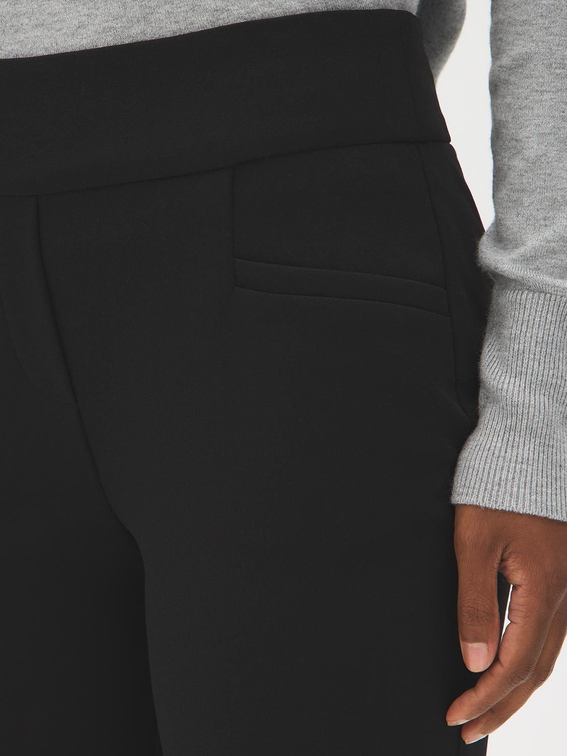 Black Pull-On Fit & Flare Knit Pants - Close-up Pocket Detail - Suzy Shier