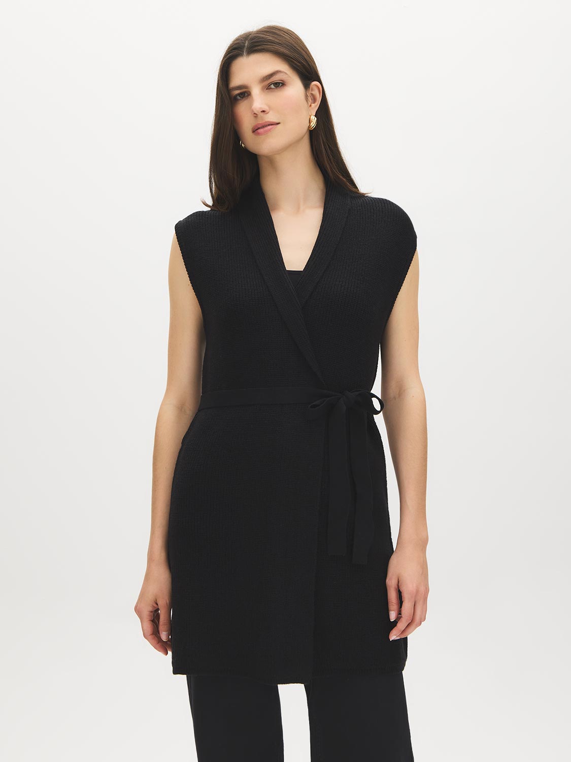 Black Sleeveless Ribbed Sweater Vest with Tie - Woman Wearing Shawl Collar Vest - Suzy Shier