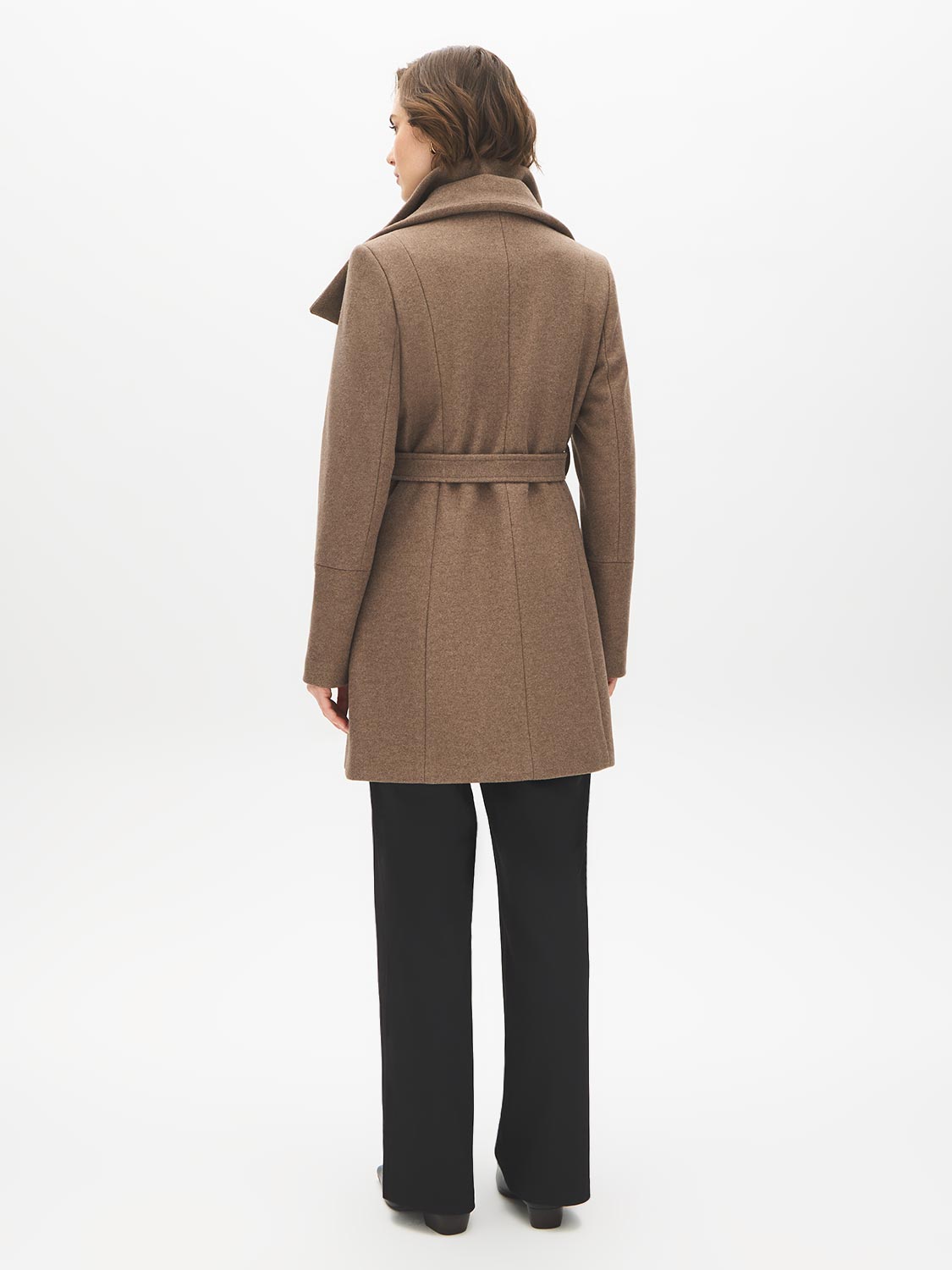 Dark Charcoal Melange Double Collar Mid-Length Coat with Belt - Back View - Suzy Shier