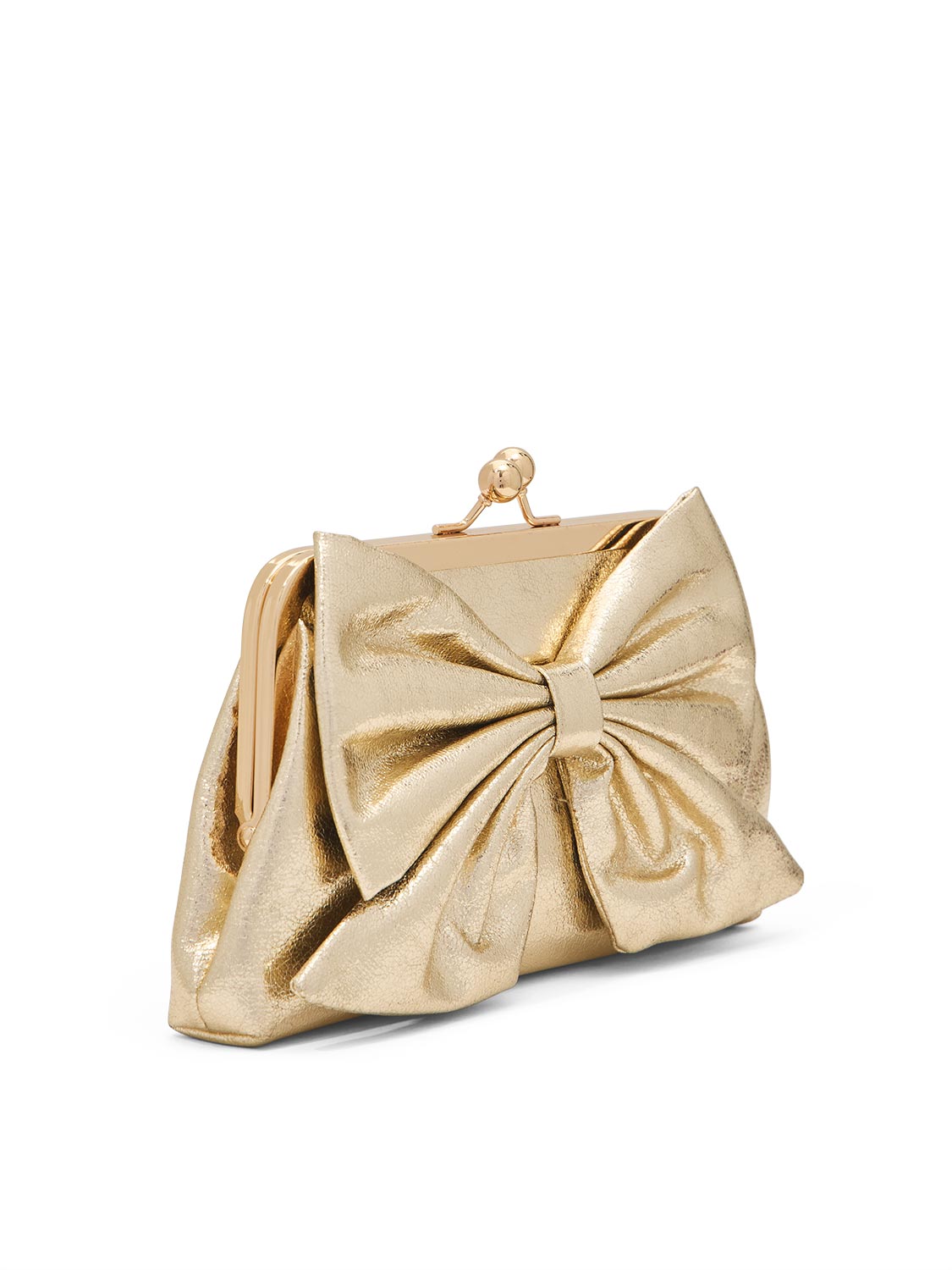 Gold Metallic Clutch Bag with Bow Detail - Side Profile View - Le Chateau